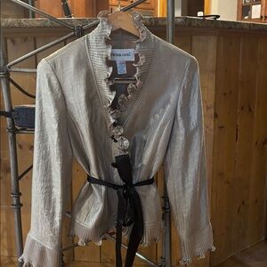 Victor Costa Metallic Beige blouse, three black buttons and black tie. Vintage